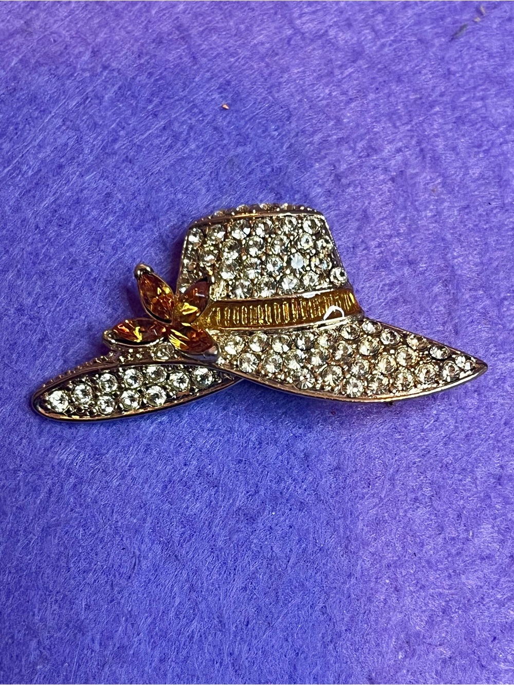 Vintage Monet Rhinestone Wide Brim Hat Brooch Amber Bow